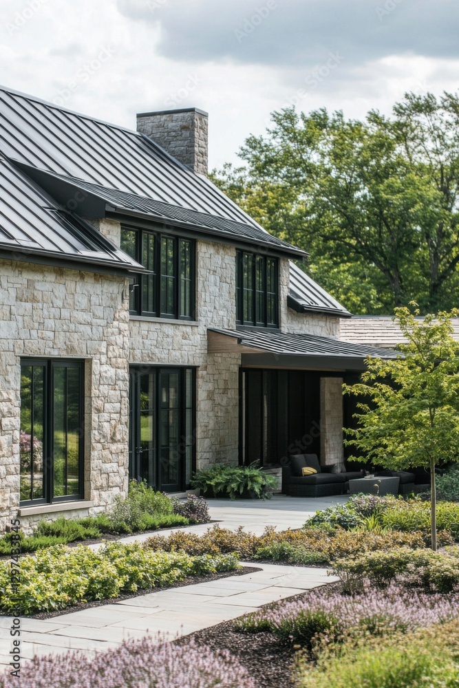Modern stone house surrounded by lush greenery in a serene landscape reflecting a perfect blend of nature and architecture Modern stone house surrounded by lush greenery in a serene landscape reflecting a perfect blend of nature and architecture