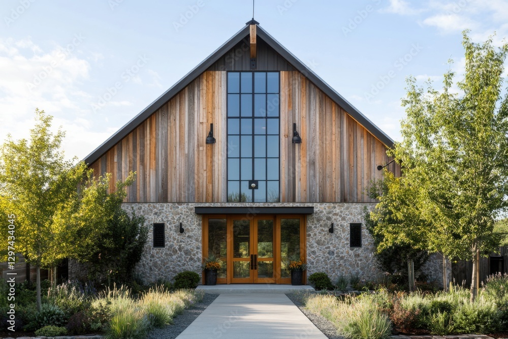 Unique modern barn-style architecture featuring large windows and a stone facade surrounded by lush greenery in a peaceful outdoor setting Unique modern barn-style architecture featuring large windows and a stone facade surrounded by lush greenery in a peaceful outdoor setting