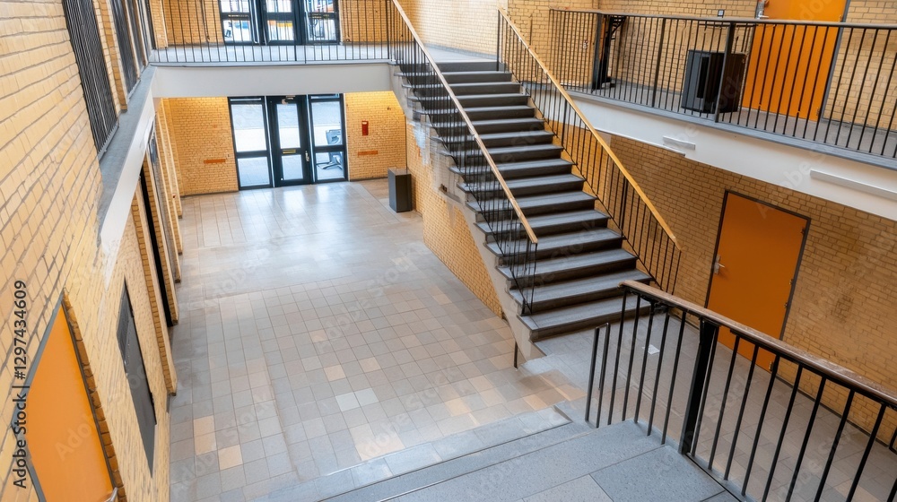 Obraz premium Architectural interior view of a contemporary commercial building hallway featuring a prominent staircase glass windows and a clean minimalist design The scene conveys a sense of sophisticated