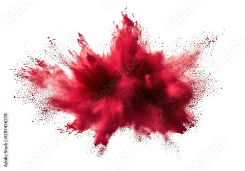 Dramatic red powder explosion on a transparent background, creating a vibrant burst of color and texture for artistic and abstract design concepts