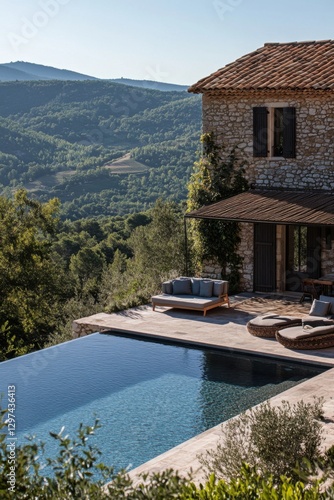 A stunning villa nestled in the picturesque countryside boasts a refreshing pool that offers breathtaking views of the lush green hills and majestic mountains.