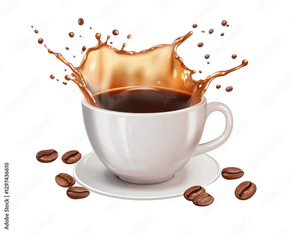 Fototapeta premium Coffee splash in white cup with coffee beans on transparent background Concept of morning, energy, and caffeine