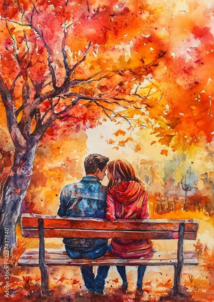 Fototapeta premium Romantic Couple Watercolor Painting in Autumn Park - Serene Artwork for Home Decor and Prints