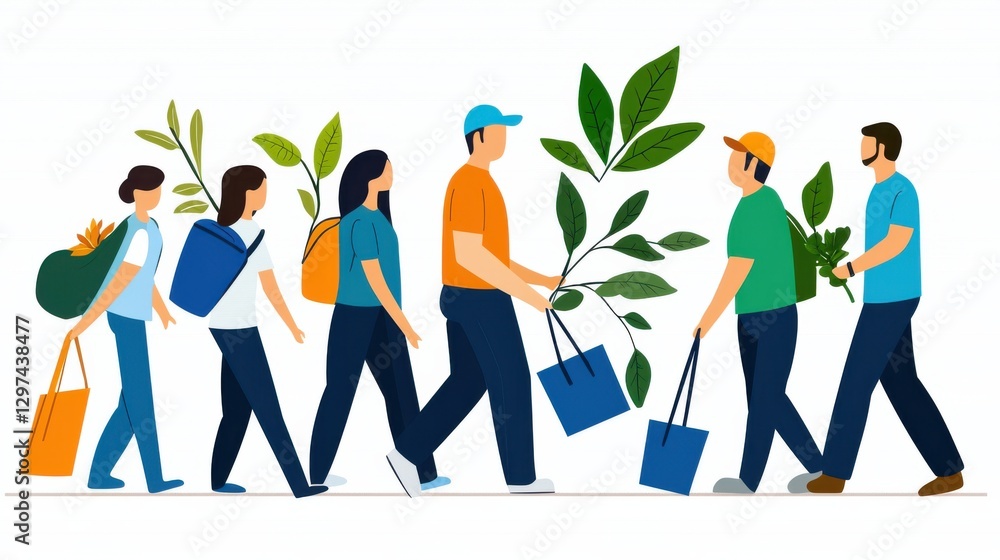 Diverse group of people volunteering and supporting each other in a neighborhood community They are walking together carrying shopping bags and surrounded by greenery Diverse group of people volunteering and supporting each other in a neighborhood community They are walking together carrying shopping bags and surrounded by greenery