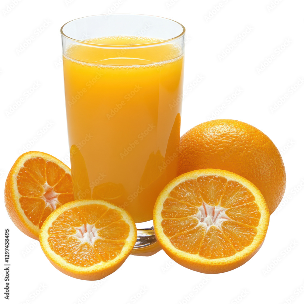 Freshly squeezed orange juice in a glass with sliced oranges on a transparent background Concept of healthy breakfast, vitamin C, and refreshment Freshly squeezed orange juice in a glass with sliced oranges on a transparent background Concept of healthy breakfast, vitamin C, and refreshment