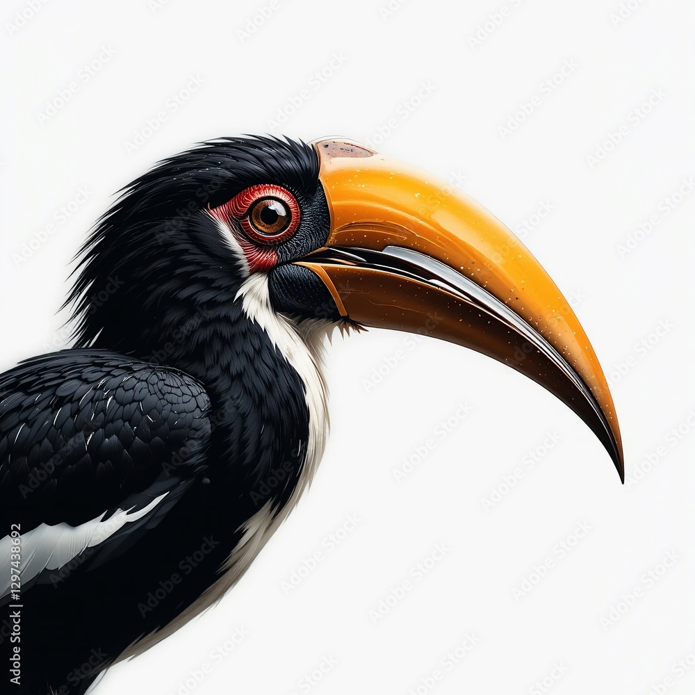 Fototapeta premium Striking Portrait of a Rufous necked Hornbill Bird with Vibrant Orange Beak