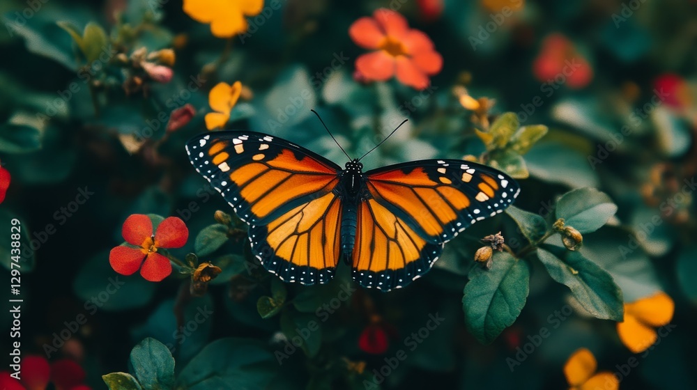 Fototapeta premium A monarch butterfly rests on vibrant flowers.