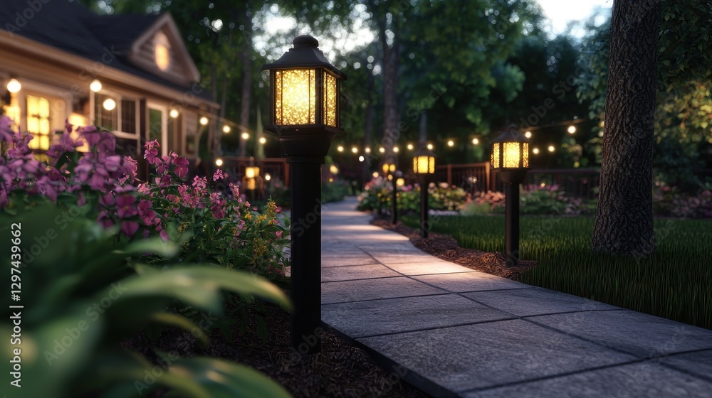 Serene garden pathway illuminated by lanterns, surrounded by flowers and trees at dusk Serene garden pathway illuminated by lanterns, surrounded by flowers and trees at dusk