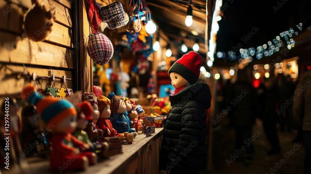 Child admiring colorful dolls at a festive night market, surrounded by twinkling lights and shoppers Child admiring colorful dolls at a festive night market, surrounded by twinkling lights and shoppers