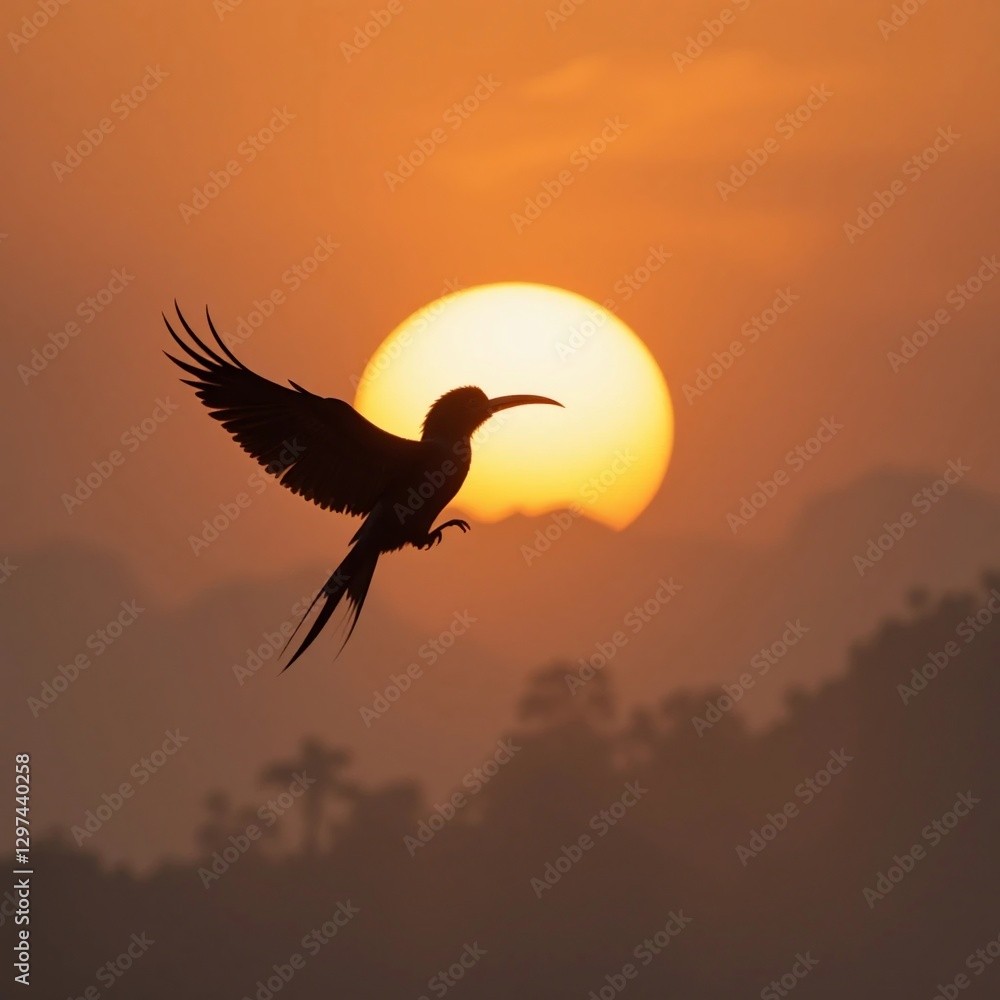 Obraz premium Majestic Bird Silhouette at Sunset Flying against Vibrant Orange Sky