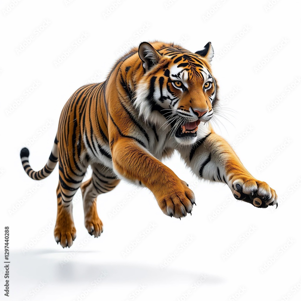 Naklejka premium Powerful Bengal Tiger Leaping Dynamic Action Shot Wildlife Photography Isolated on White Background