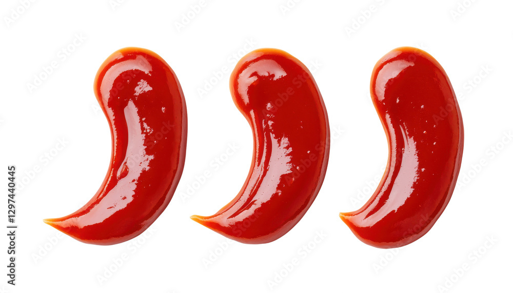 Three glossy red ketchup squirts on a transparent background, perfect for food illustration and condiment design Three glossy red ketchup squirts on a transparent background, perfect for food illustration and condiment design