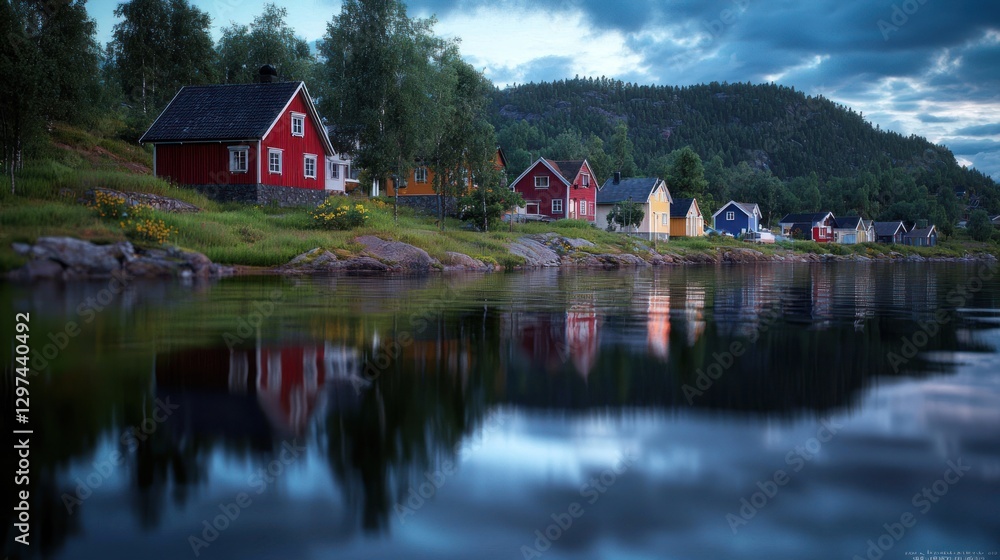 Tranquil lakeside scene with colorful houses reflecting on water under a cloudy sky Tranquil lakeside scene with colorful houses reflecting on water under a cloudy sky