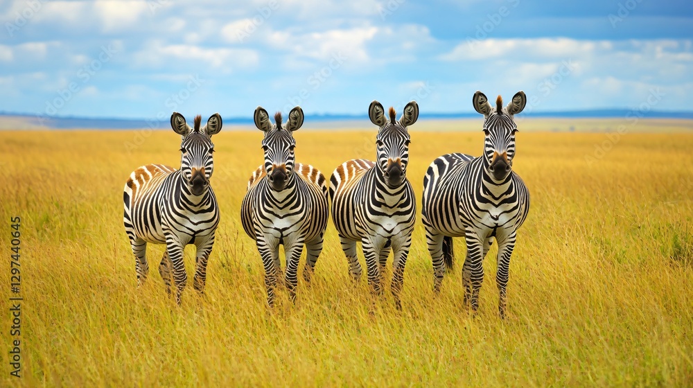 Obraz premium Majestic Zebras Grazing in African Savannah: Serengeti National Park Wildlife Scene