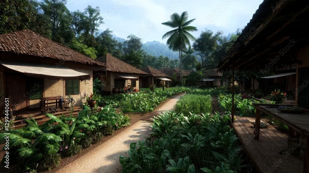 Tranquil village scene with rustic huts surrounded by lush greenery and palm trees under a clear sky Tranquil village scene with rustic huts surrounded by lush greenery and palm trees under a clear sky