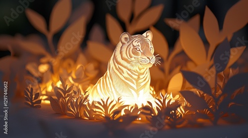 Stunning paper art of a glowing white tiger surrounded by leaves creates an enchanting atmosphere in natural light photo