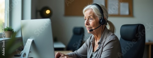 Focused Senior Woman at Computer with Headset in Office. Perfect for illustrating customer service, call center operations, telemarketing, senior professionals