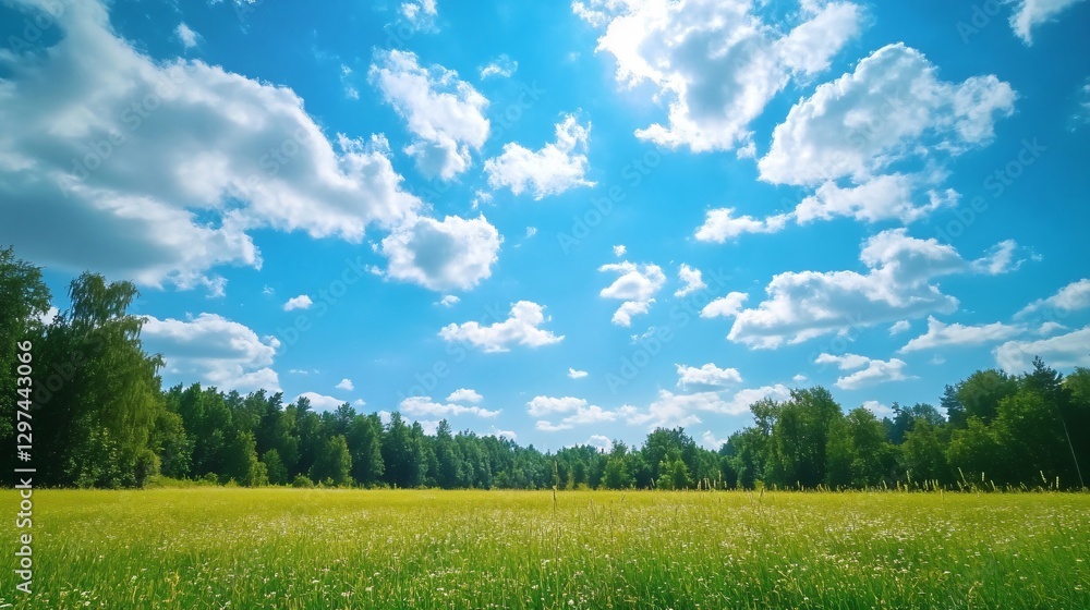 Fototapeta premium Serene Tranquil Scenic Landscape Meadow Blue Sky Panorama