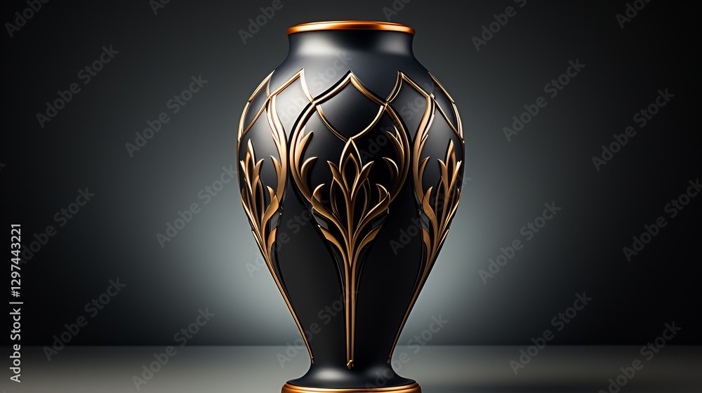 Elegant Black Gold Vase for Studio Shot, Dark Background.