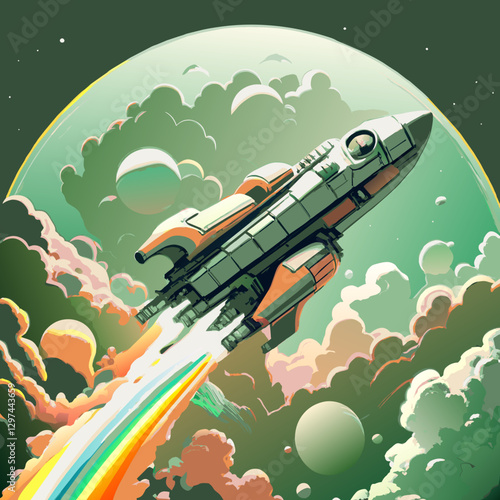 Fantastic sticker with space rocket. Space sci-fi set posters colorful with planets and intergalactic ships. SVG version.