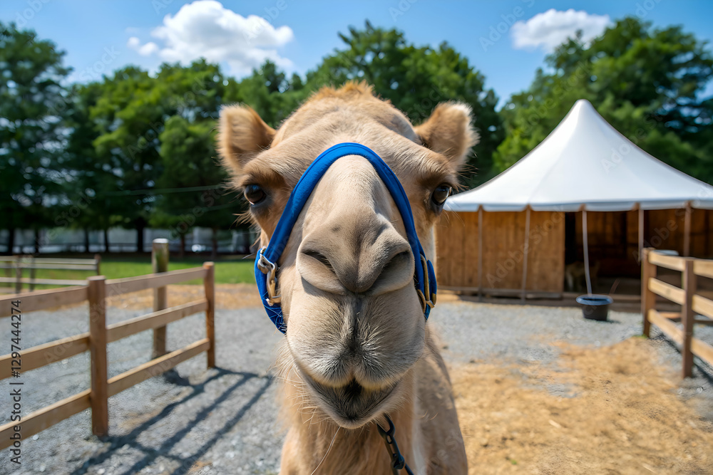 Obraz premium Camel standing inside wooden enclosure at petting zoo wearing blue halter during daytime with barn behind