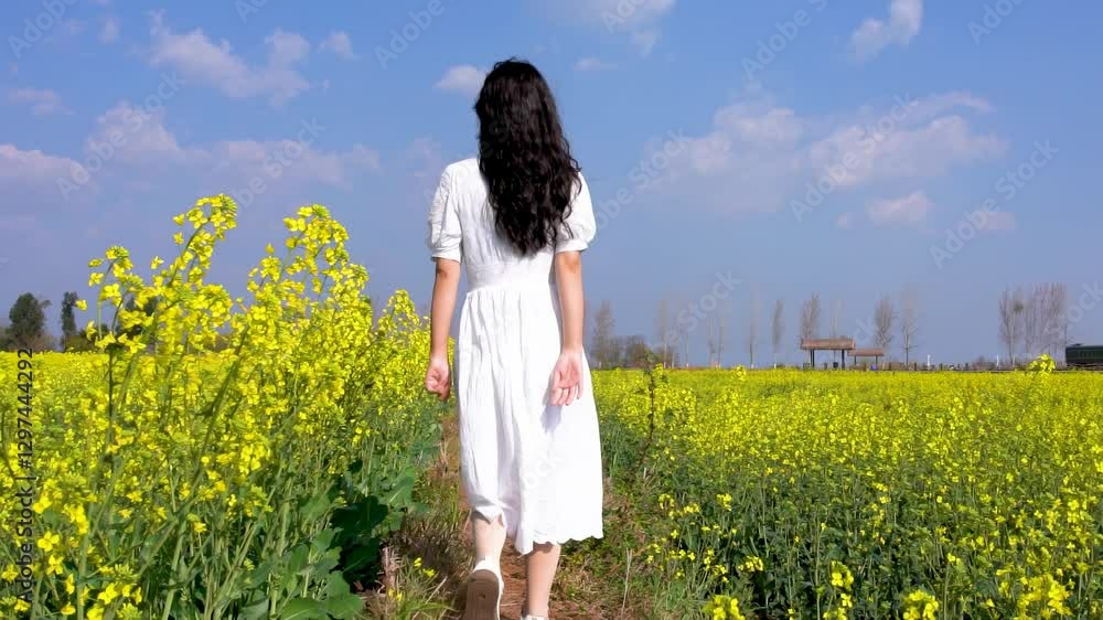 Spring woman in white dress walks gracefully through vibrant rape flower field under a clear blue sky Spring woman in white dress walks gracefully through vibrant rape flower field under a clear blue sky
