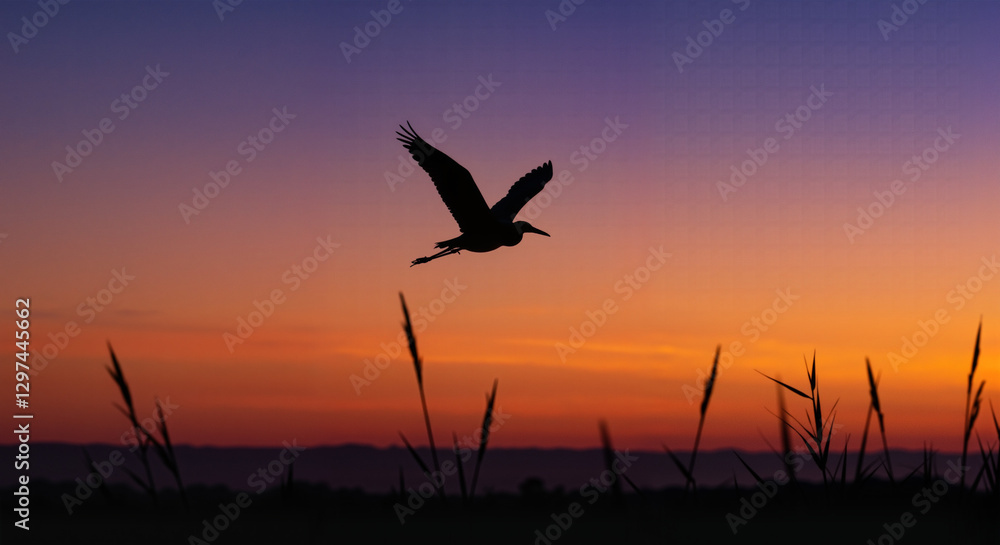 Fototapeta premium Silhouetted heron flying against vibrant sunset sky