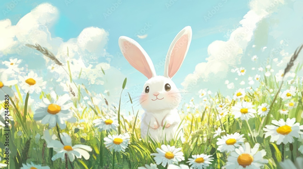 Fototapeta premium Adorable white bunny in a daisy field. Springtime joy!