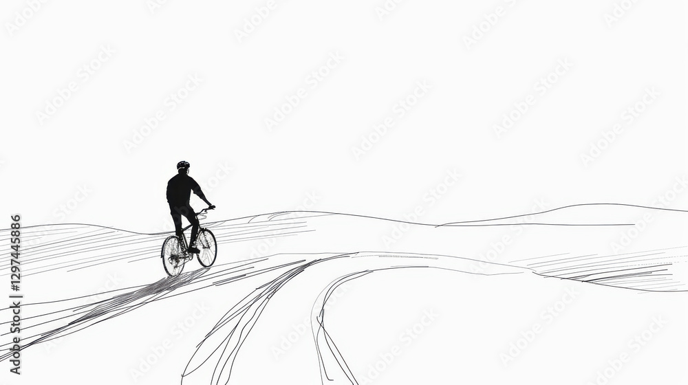 Fototapeta premium Minimalist continuous line drawing of a cyclist riding on a winding path, with smooth flowing lines representing movement and journey. Black and white line art illustration