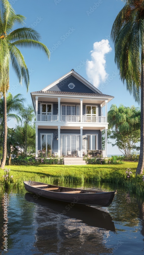 Obraz premium Tropical waterfront house overlooking a canal