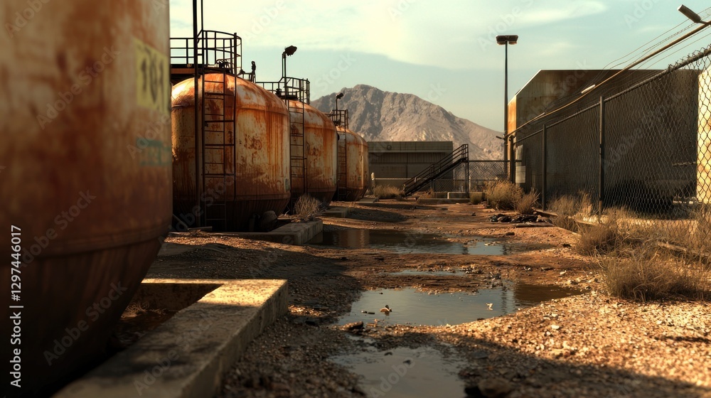 Abandoned industrial site with rusty tanks and puddles, surrounded by mountains and fences Abandoned industrial site with rusty tanks and puddles, surrounded by mountains and fences