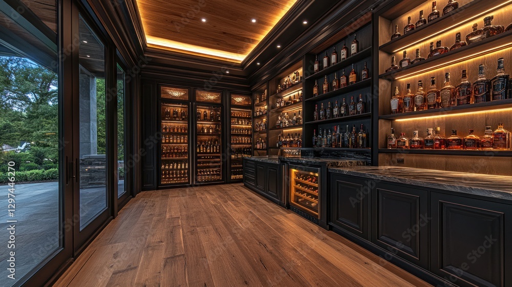 Luxurious, modern home bar with extensive whiskey collection Luxurious, modern home bar with extensive whiskey collection
