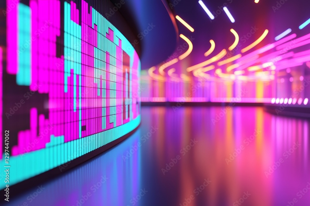 Obraz premium Vibrant neon light show urban gallery digital art display nighttime setting wide angle view futuristic aesthetics