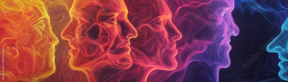 Dynamic expressions of humanity art exhibition digital artwork vibrant colors side view emotion and identity Dynamic expressions of humanity art exhibition digital artwork vibrant colors side view emotion and identity