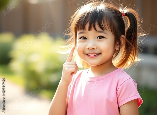 an image of a little girl with a ponytail and a pink shirt, there is a little girl that is smiling and making a gesture photo