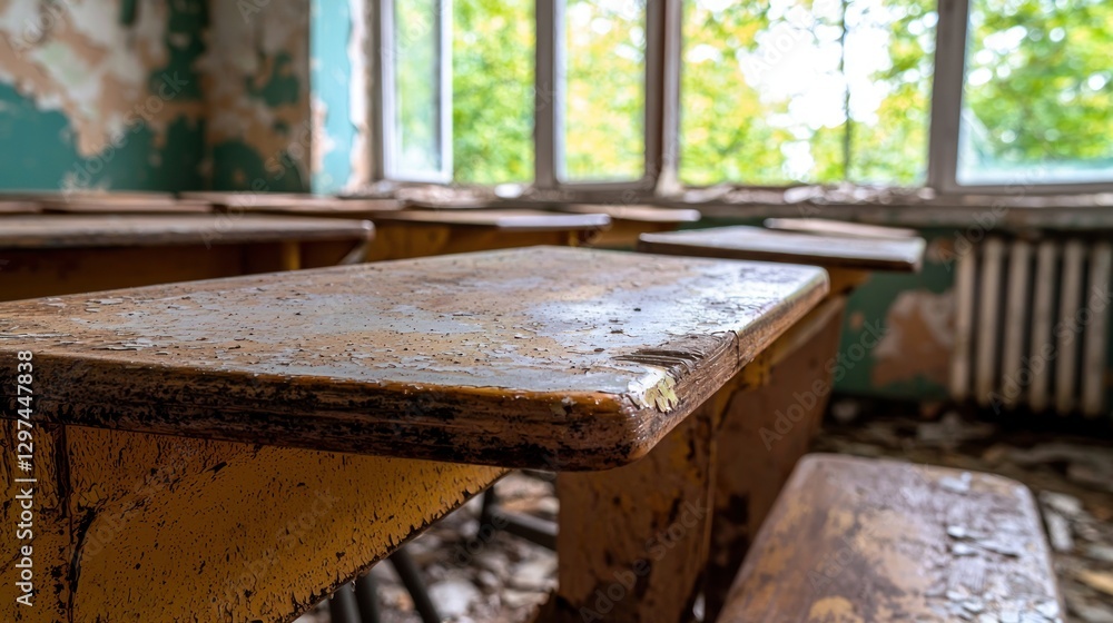 Abandoned classroom with worn desks, peeling paint, and overgrown greenery outside windows Abandoned classroom with worn desks, peeling paint, and overgrown greenery outside windows
