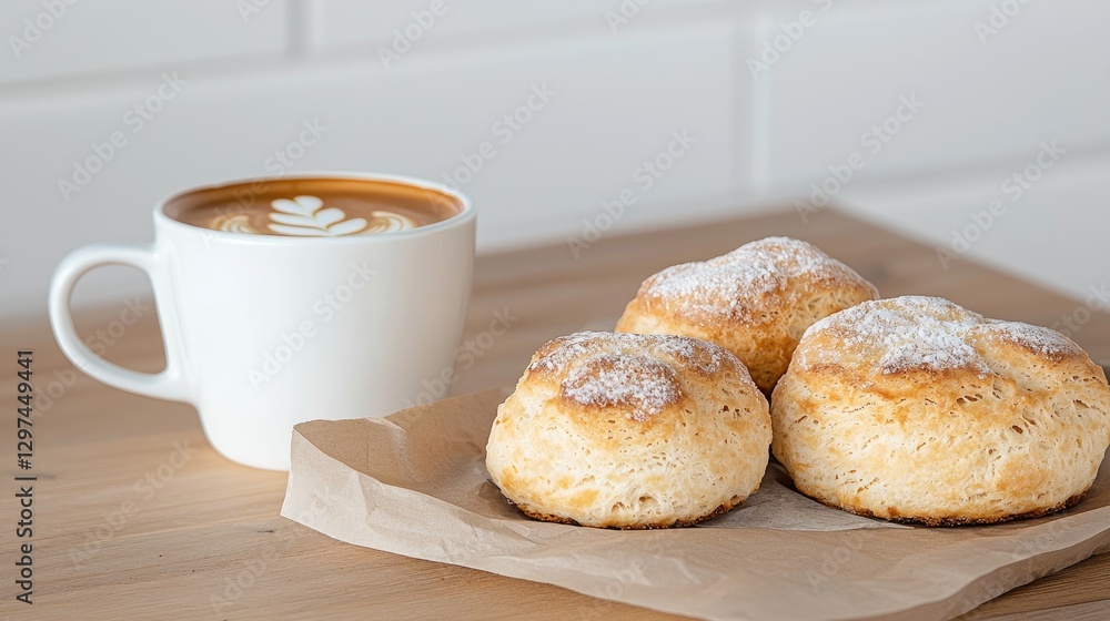Latte and scones on wooden table Latte and scones on wooden table