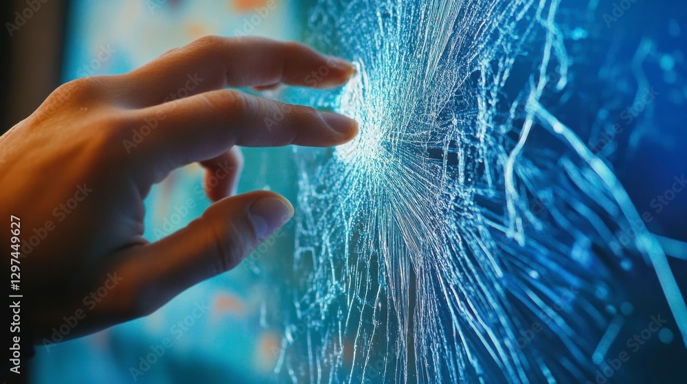 Naklejka premium Shattered Touch: A close-up of a human finger touching a cracked glass surface, highlighting the fragility and potential for damage, symbolizes concept of technology interaction