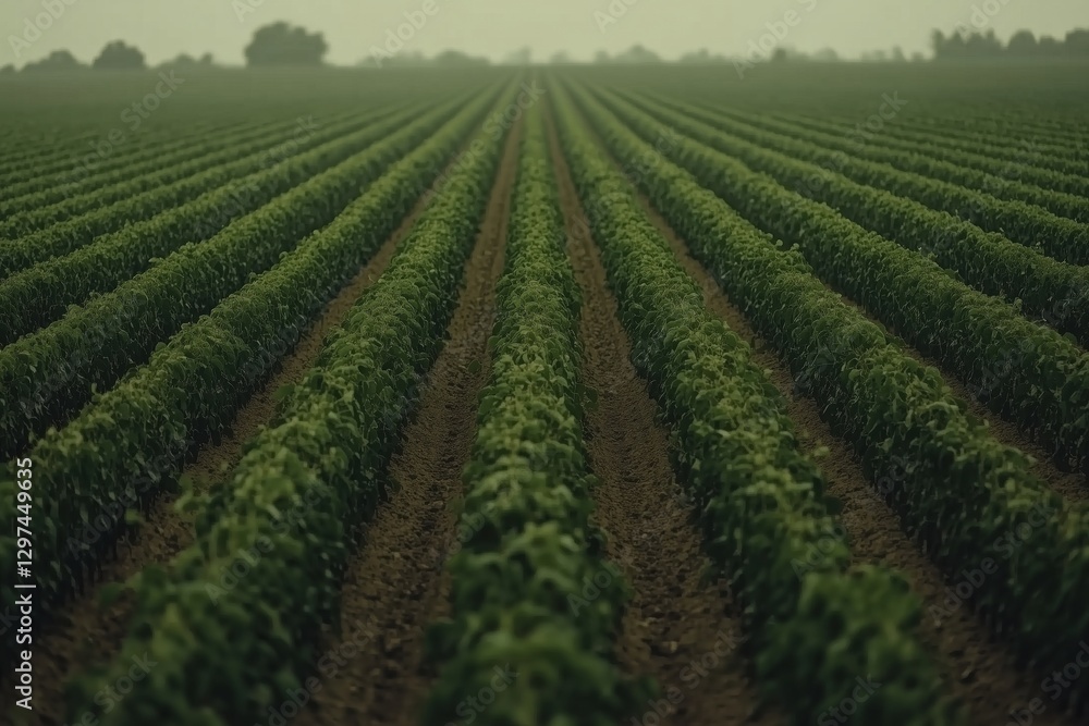 A vast field of green crops in neat rows under a cloudy sky.