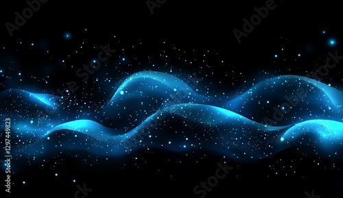 Abstract blue glowing waves in a dark space background photo