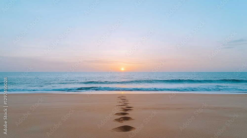Footsteps in sand lead toward serene sunrise over ocean horizon Footsteps in sand lead toward serene sunrise over ocean horizon