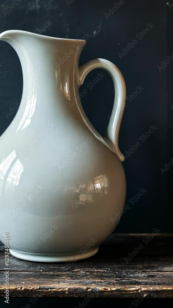 Elegant gray ceramic pitcher displayed on a rustic wooden surface against a dark backdrop