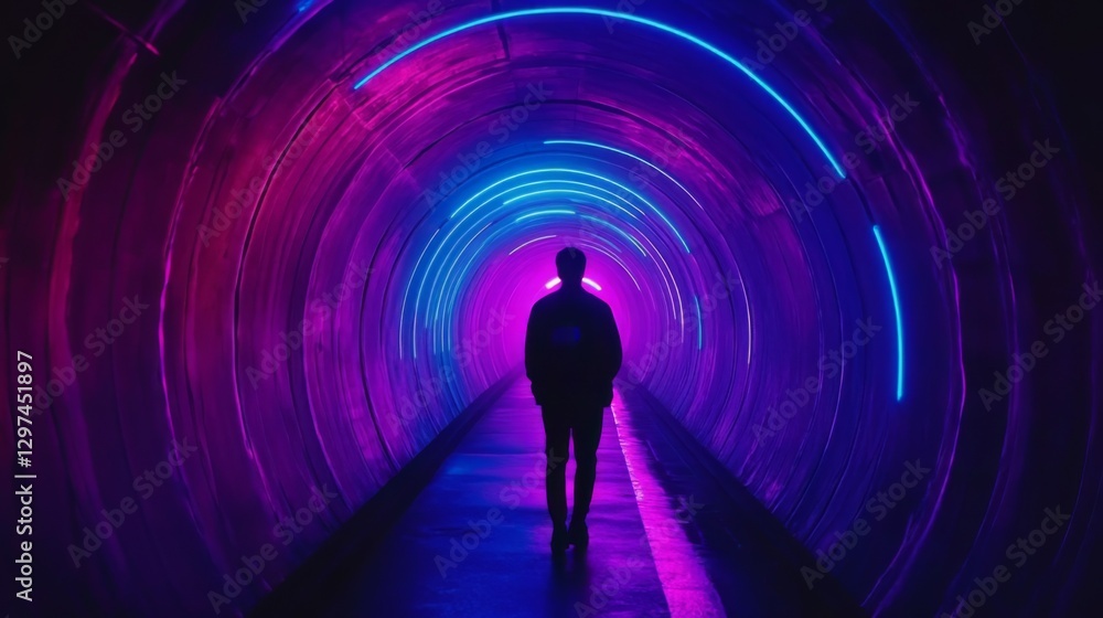 custom made wallpaper toronto digitalSilhouette of adult male walking through neon-lit tunnel with blue and purple lights