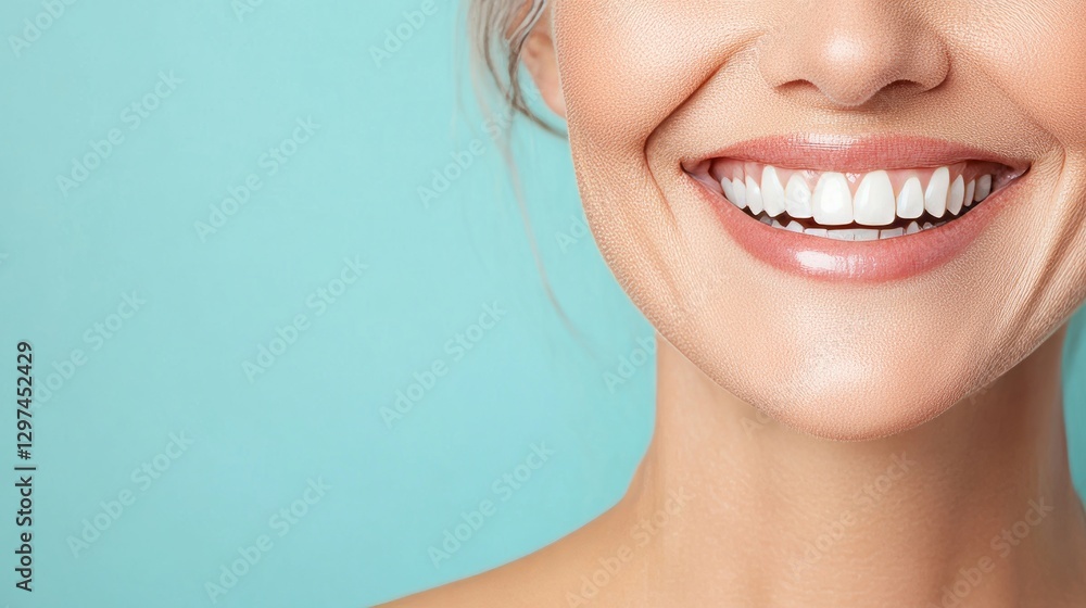 Obraz premium a close-up of a person's smiling mouth with perfect, white teeth.