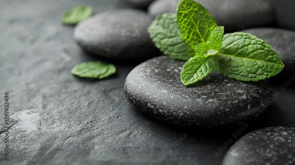 Smooth black spa stones with fresh green mint leaf on slate surface Smooth black spa stones with fresh green mint leaf on slate surface