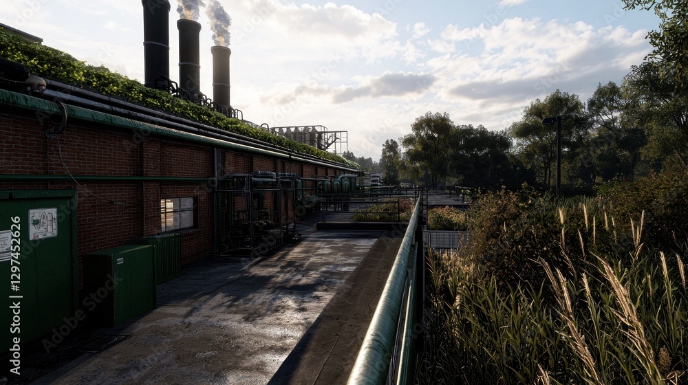 Industrial landscape featuring a factory with smokestacks surrounded by greenery and a pathway Industrial landscape featuring a factory with smokestacks surrounded by greenery and a pathway