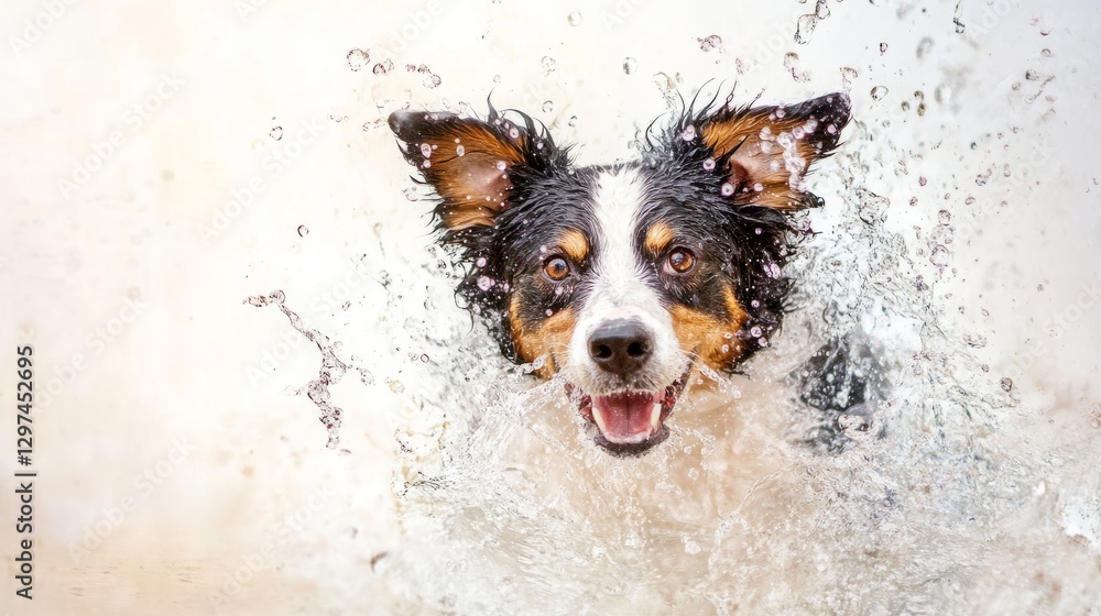 dog swimming through water with happy expression and droplets splashing around dog swimming through water with happy expression and droplets splashing around