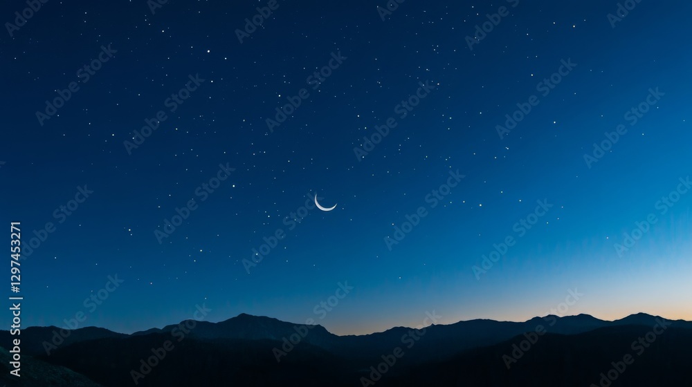 Crescent moon and starry night sky over mountain silhouette at dusk Crescent moon and starry night sky over mountain silhouette at dusk