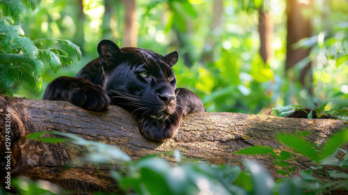 Sleek panther resting on fallen log surrounded by lush greenery, exuding calmness and strength