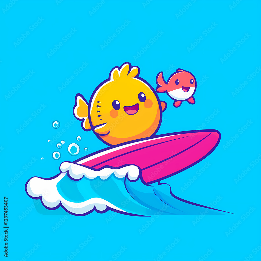 cheerful fish character riding pink surfboard on wave with smaller fish cheerful fish character riding pink surfboard on wave with smaller fish